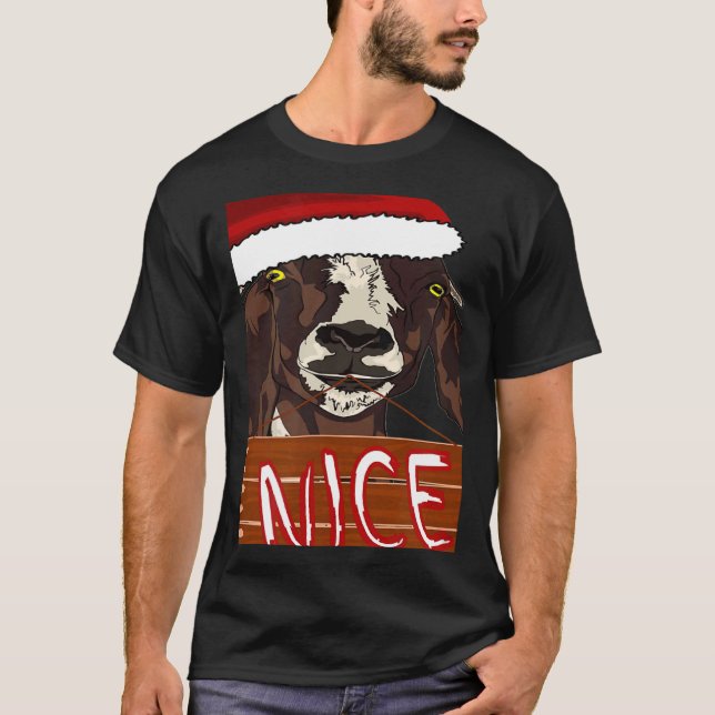 Wearing Santa Hat Nice Sign Christmas Goat T-Shirt (Front)