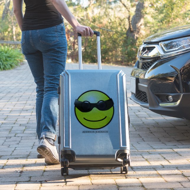 Wearing Shades Fun Emoji Yellow Face Add Name 14" Sticker (Suitcase Insitu)