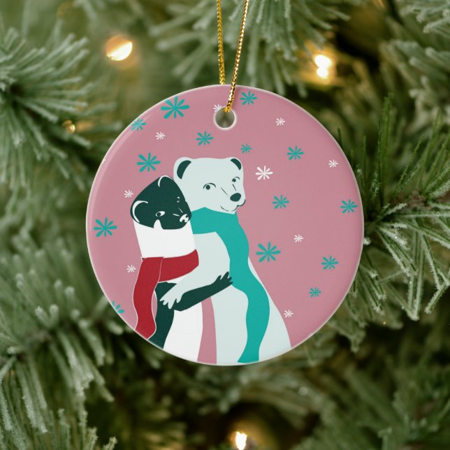 Weasel hugs in Christmas in Pink Ceramic Ornament (Tree)