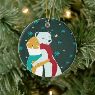 Weasel hugs in Christmas Teal Ceramic Ornament