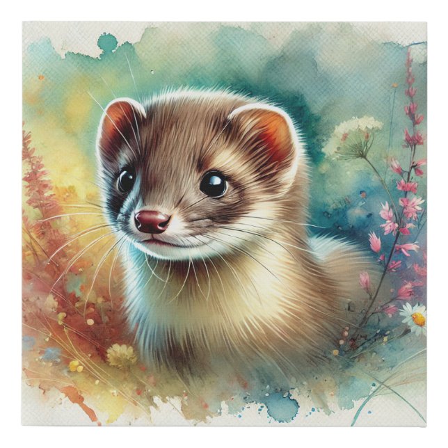 Weasel in Nature 290624AREF105 - Watercolor Faux Canvas Print (Front)