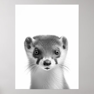 Weasel Woodland Modern Portrait black white Poster