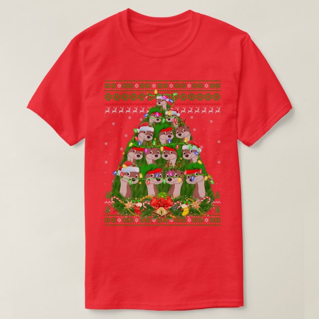 Weasel Xmas Lighting Tree Santa Weasel Ugly Christ T-Shirt (Design Front)