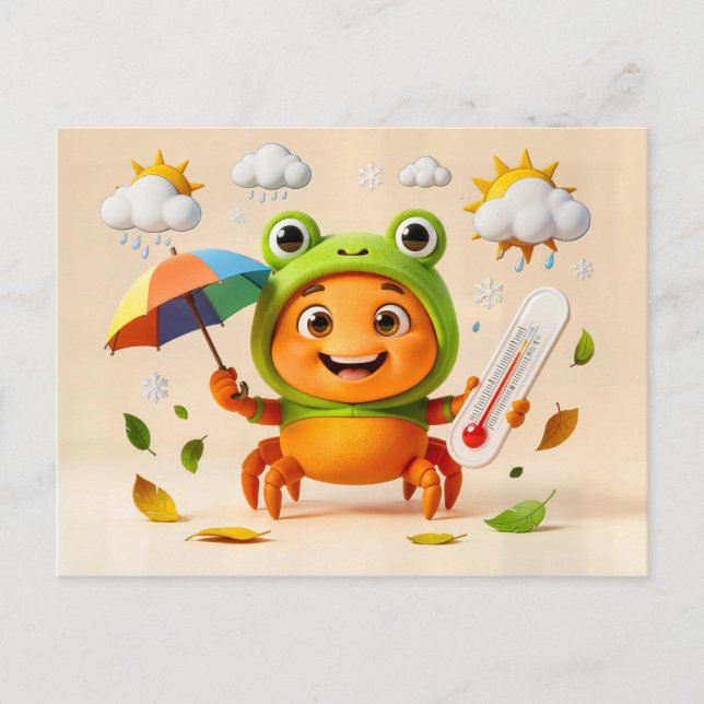 Weather Crab Measuring Climate With Rainbow Umbrel Postcard (Front)
