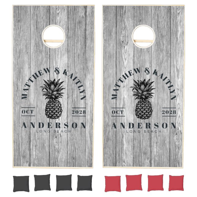 Weather Dark Gray Tropical Pineapple Wedding Crest Cornhole Set (Set)