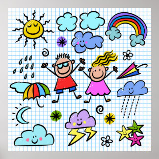 Weather Kids Happy Cheerful Doodles Poster