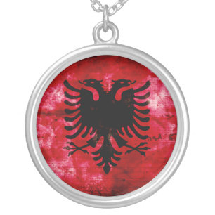 Weathered Albania Flag Silver Plated Necklace