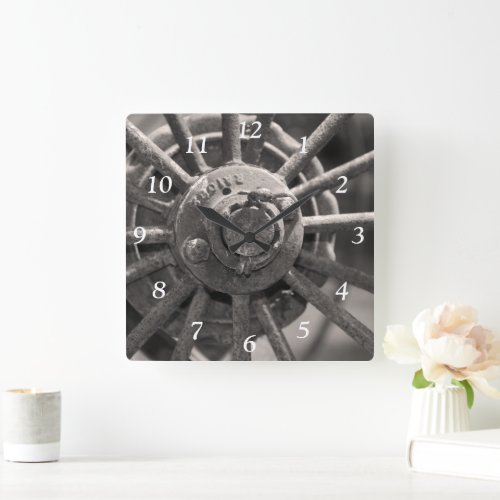 Weathered Antique Wagon Wheel Square Wall Clock