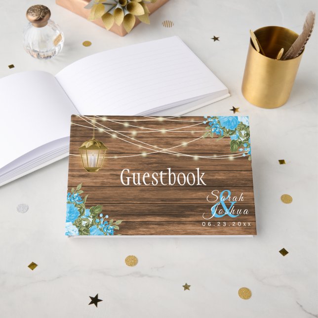Weathered  Barn Wood- Baby Blue Flower Guest Book (Front Open)