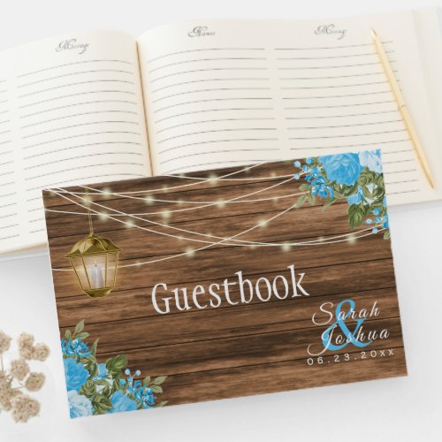 Weathered  Barn Wood_ Baby Blue Flower Guest Book