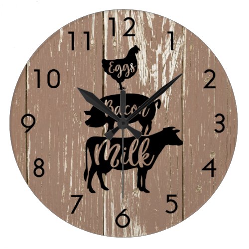 Weathered Barnboards Eggs Bacon Milk Animals Large Clock