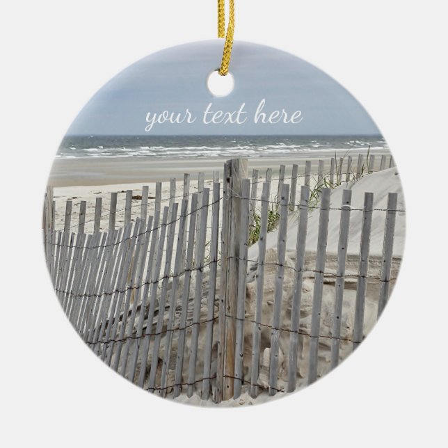 Weathered beach fence and ocean beach ceramic ornament (Front)