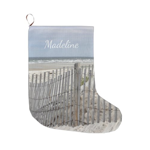 Weathered beach fence and ocean beach large christmas stocking
