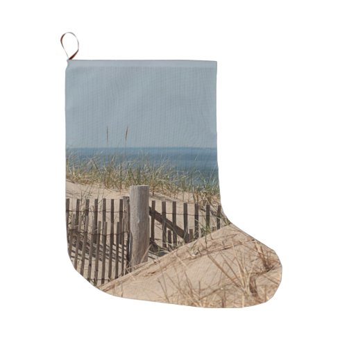 Weathered beach fence in the sand dune on Cape Cod Large Christmas Stocking