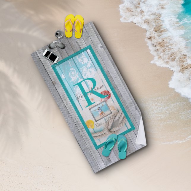 Weathered Beach Wood Monogram and Photo Beach Towel (Creator Uploaded)