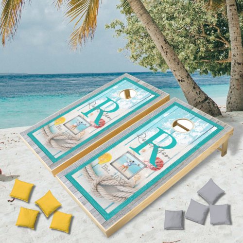 Weathered Beach Wood Monogram Photo Cornhole Set