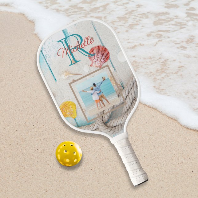 Weathered Beach Wood Monogram Photo Pickleball Paddle (Creator Uploaded)