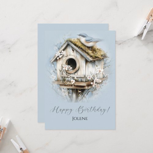 Weathered Birdhouse and Bird Happy Birthday |