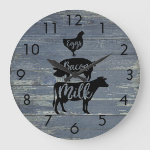 Weathered Blue Boards Eggs Bacon Milk Animals Large Clock