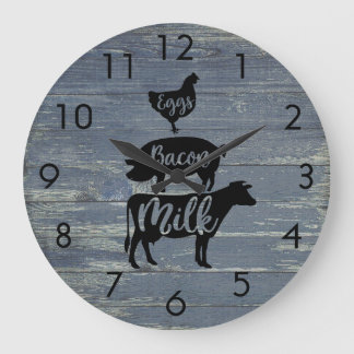 Weathered Blue Boards Eggs Bacon Milk Animals   Large Clock