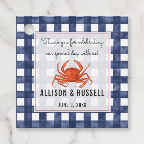 Weathered Blue Gingham Crab Coastal Wedding Favor Tags