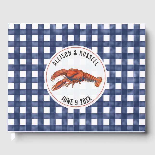 Weathered Blue Gingham Lobster Coastal Wedding Guest Book (Front)