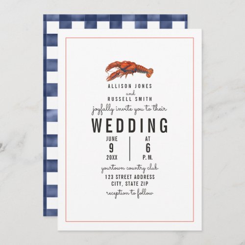 Weathered Blue Gingham Lobster Wedding Invitation