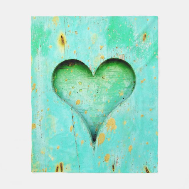 Weathered Blue Peeling Paint Wood Heart Symbol Fleece Blanket (Front)
