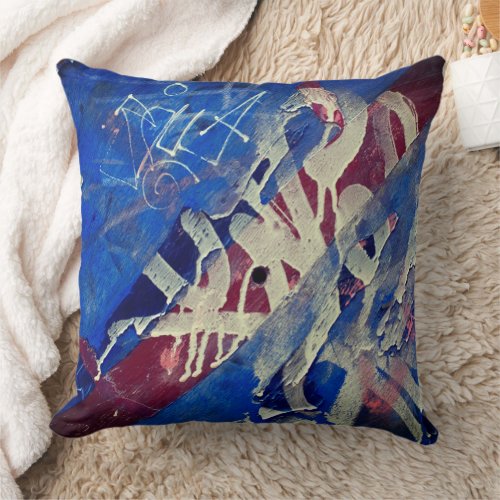 Weathered Blue Red White Distressed Urban Grunge Throw Pillow