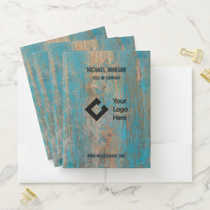 Weathered Blue Vintage Rustic Wood Customized Logo Pocket Folder