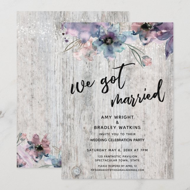 Weathered Boards Flowers Lights We Got Married Invitation (Front/Back)