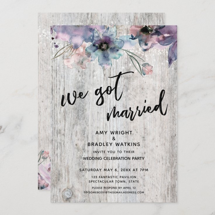 Weathered Boards Flowers Lights We Got Married Invitation | Zazzle