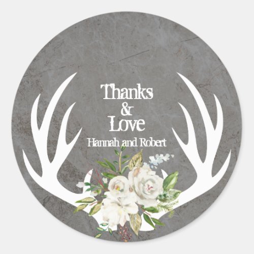 Weathered Boho Floral Thank You with Antlers Classic Round Sticker