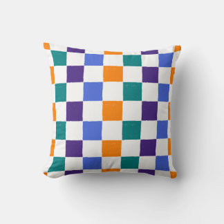 Weathered Checkerboard Orange, Teal, Blue, Purple Throw Pillow