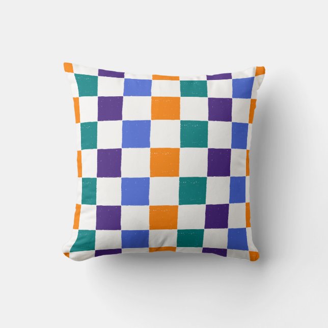 Weathered Checkerboard Orange, Teal, Blue, Purple Throw Pillow (Front)