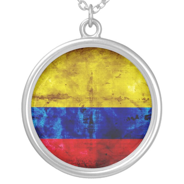 Weathered Colombia Flag Silver Plated Necklace (Front)