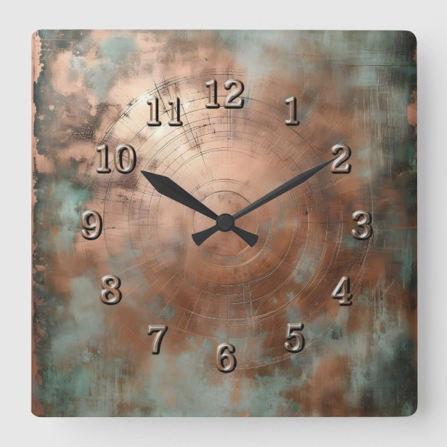weathered copper square wall clock (Front)