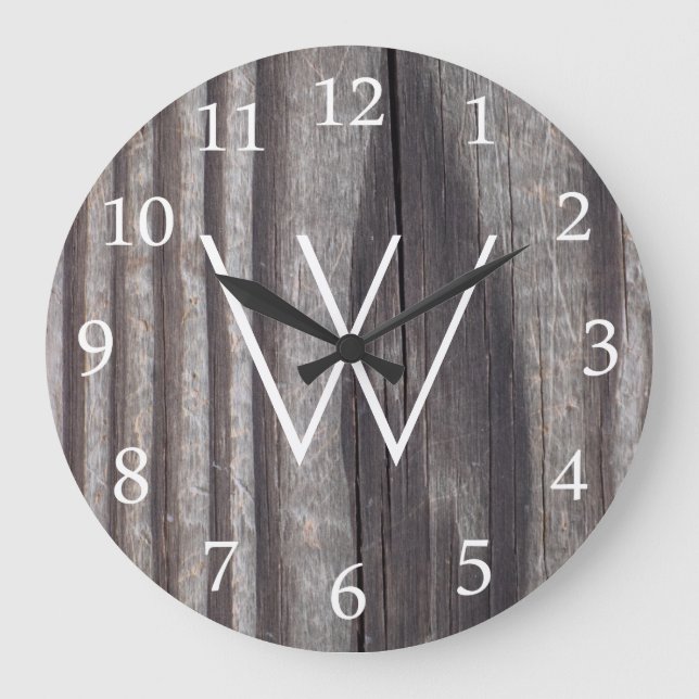Weathered Country Wood White Monogram Large Clock (Front)