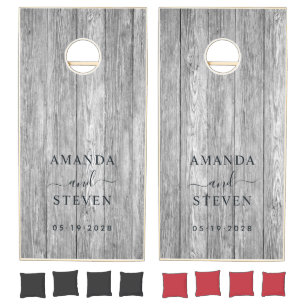 Weathered Dark Gray Couple Names with Wedding Date Cornhole Set