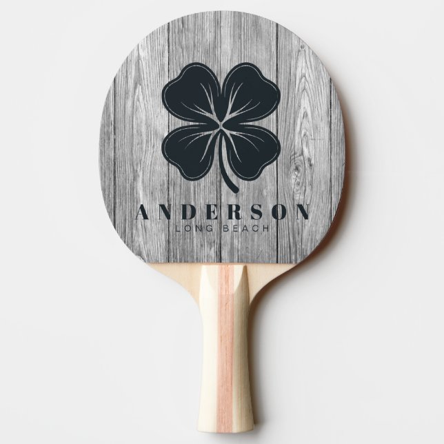 Weathered Dark Gray Wood Four Leaf Clover withName Ping Pong Paddle (Back)