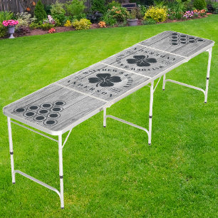 Weathered Dark Gray Wooden Irish Lucky Clover Wed Beer Pong Table