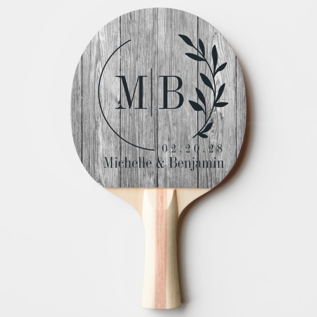 Weathered Dark Gray Wooden Leaf Wedding Monogram Ping Pong Paddle (Back)