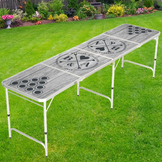 Weathered Dark Gray Wooden Wedding Heart Crossing Beer Pong Table (Creator Uploaded)