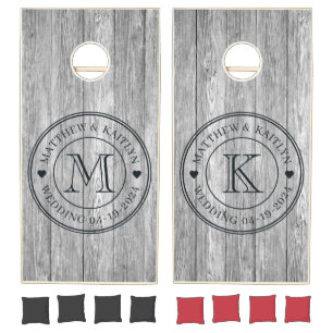 Weathered Dark Gray Wooden Wedding Monogram Heart Cornhole Set