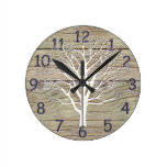 Weathered Driftwood with Tree Artwork Round Clock