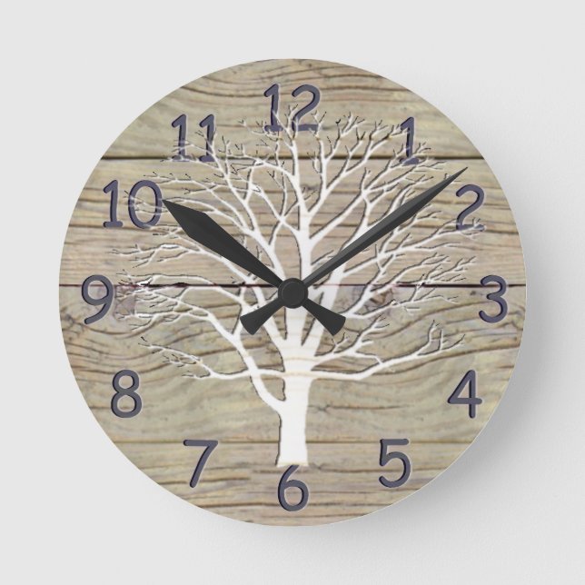 Weathered Driftwood with Tree Artwork Round Clock (Front)