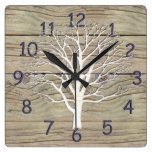 Weathered Driftwood with Tree Artwork Square Wall Clock