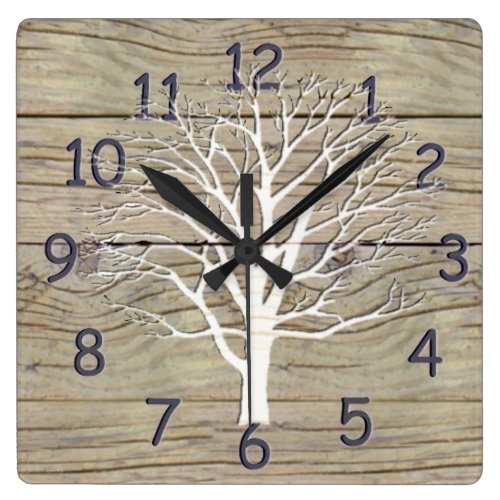Weathered Driftwood with Tree Artwork Square Wallclock