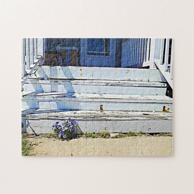 Weathered Front Porch Steps with Purple Violets Jigsaw Puzzle (Horizontal)