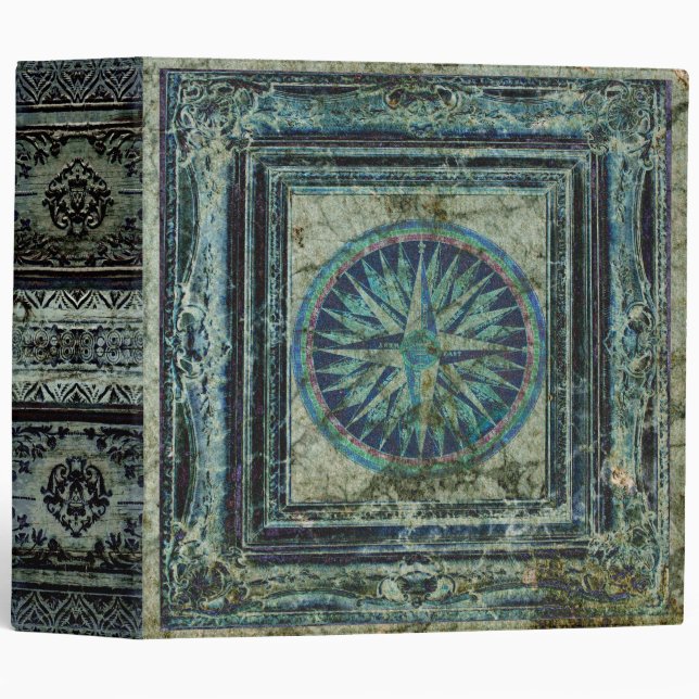 Weathered Green Compass Rose Ancient Tome 3 Ring Binder (Front/Spine)